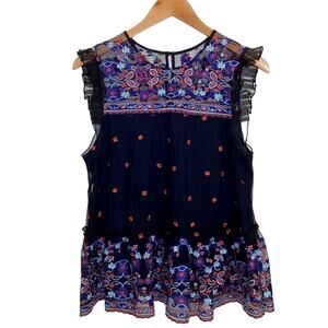 Devlin Revolve Navy Floral Mesh and Embroidery Babydoll Top Size Medium